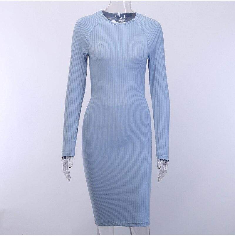 FashionSierra - Fashion Women Sexy Formal Bodycon Midi Dress Elegant Long Sleeve Hollow out Solid Autumn Ladies Dresses Party Club Clubwear - Image 4