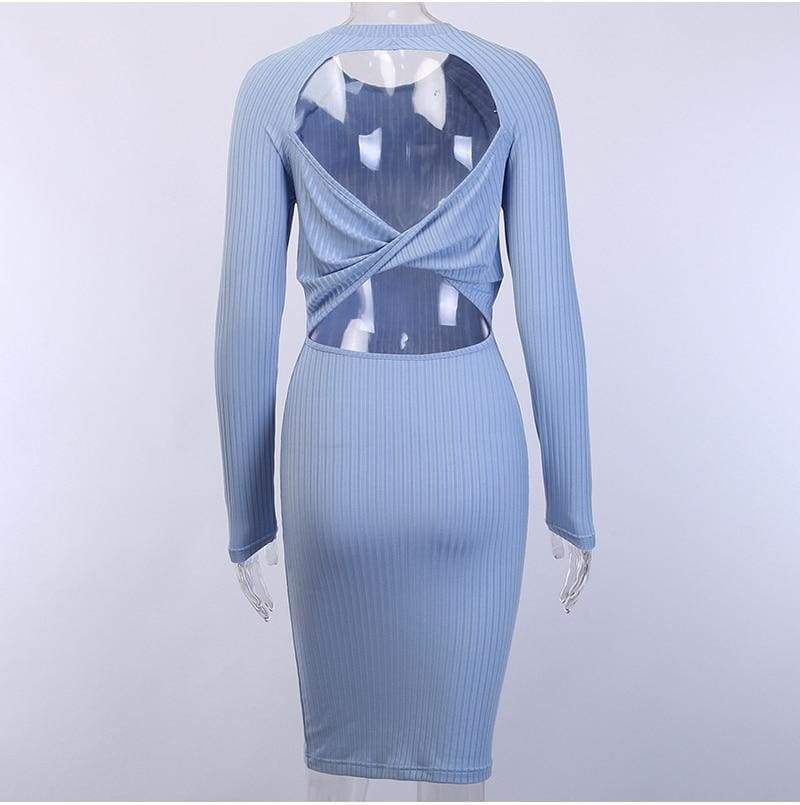 FashionSierra - Fashion Women Sexy Formal Bodycon Midi Dress Elegant Long Sleeve Hollow out Solid Autumn Ladies Dresses Party Club Clubwear - Image 6