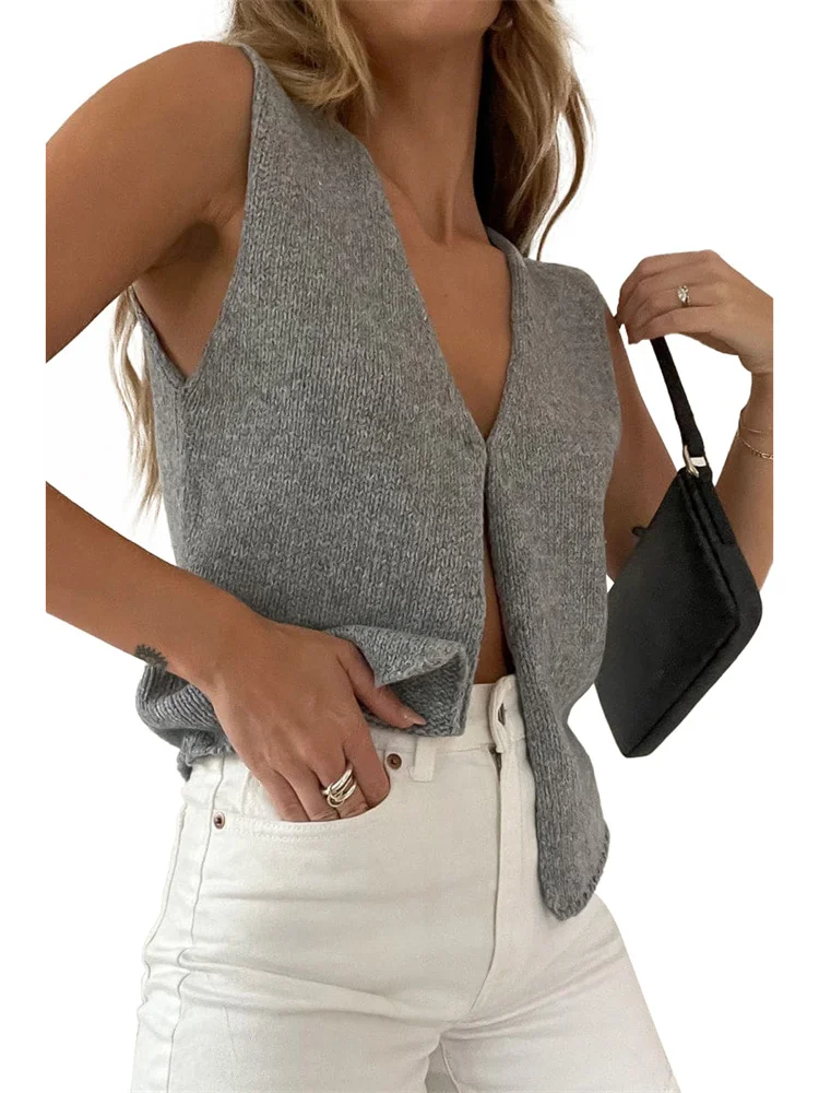 FashionSierra - 2025 Knitted Sweaters Vest Casual Retro Sleeveless V-Neck Buttons Up Tank Summer Autumn Chic Vest  Club Crop Tops - Image 7