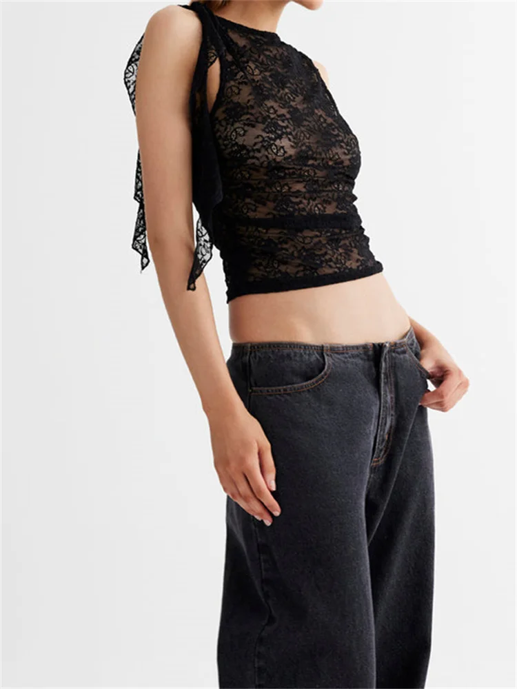 FashionSierra - 2025 Lace Floral See Through Tank for Women Mesh Sheer Sleeveless Tassels Sexy Black Slim Mini Vests Streetwear  Crop Tops - Image 3