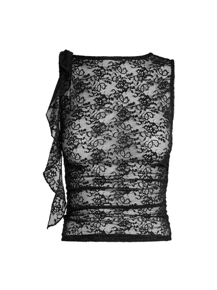 FashionSierra - 2025 Lace Floral See Through Tank for Women Mesh Sheer Sleeveless Tassels Sexy Black Slim Mini Vests Streetwear  Crop Tops - Image 6