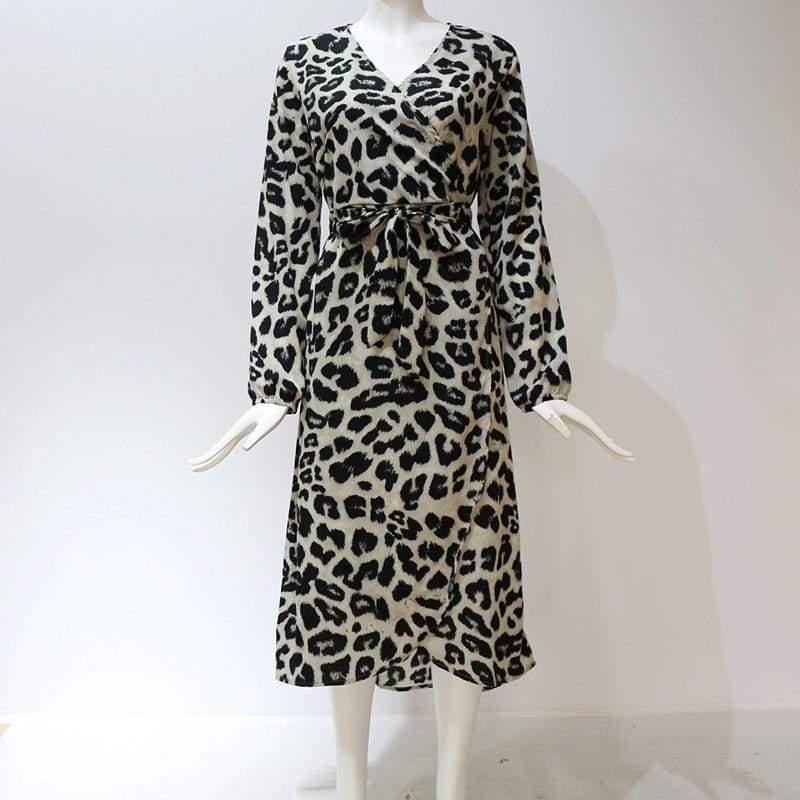 FashionSierra - Leopard Dress Women Loose Long Sleeve Deep V-neck A-line Dress - Image 16