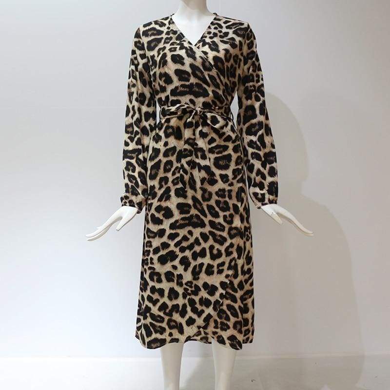 FashionSierra - Leopard Dress Women Loose Long Sleeve Deep V-neck A-line Dress - Image 21
