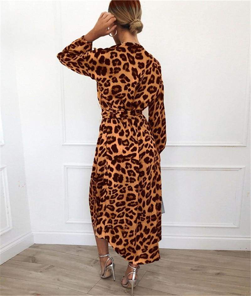 FashionSierra - Leopard Dress Women Loose Long Sleeve Deep V-neck A-line Dress - Image 26