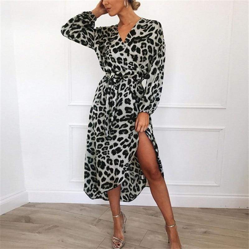 FashionSierra - Leopard Dress Women Loose Long Sleeve Deep V-neck A-line Dress - Image 32