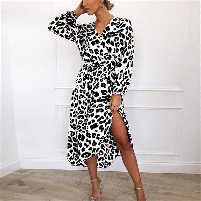 FashionSierra - Leopard Dress Women Loose Long Sleeve Deep V-neck A-line Dress - Image 34