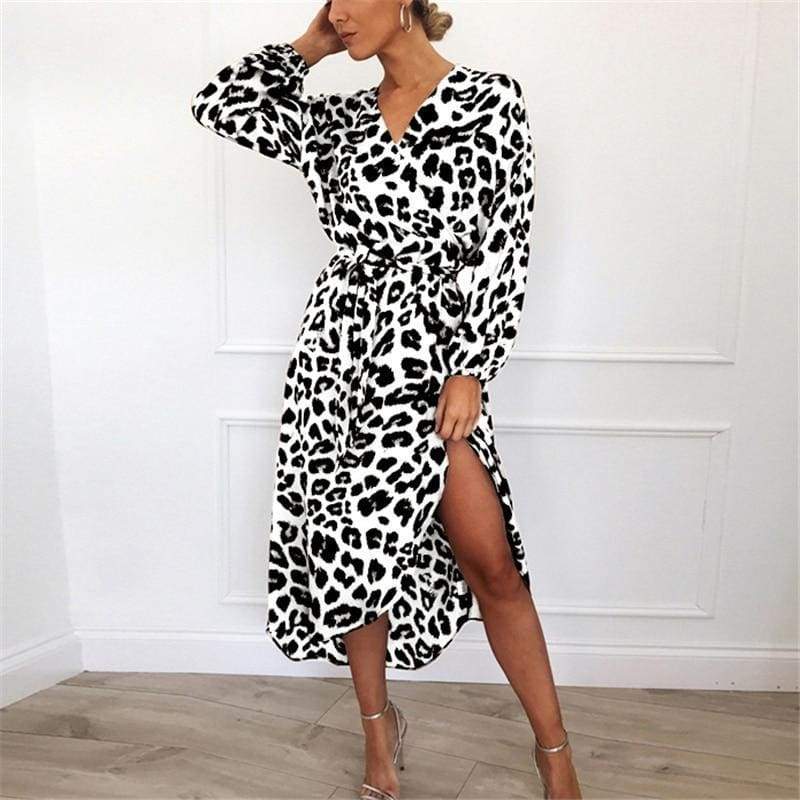 FashionSierra - Leopard Dress Women Loose Long Sleeve Deep V-neck A-line Dress - Image 5