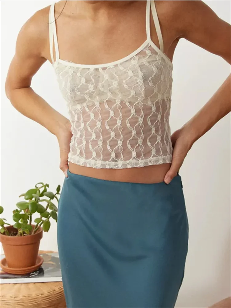 FashionSierra - 2025 Mesh Sheer Camis Slim Lace Embroidery See Through Square Neck Sleeveless Solid Short Vest for Summer  Crop Tops - Image 6