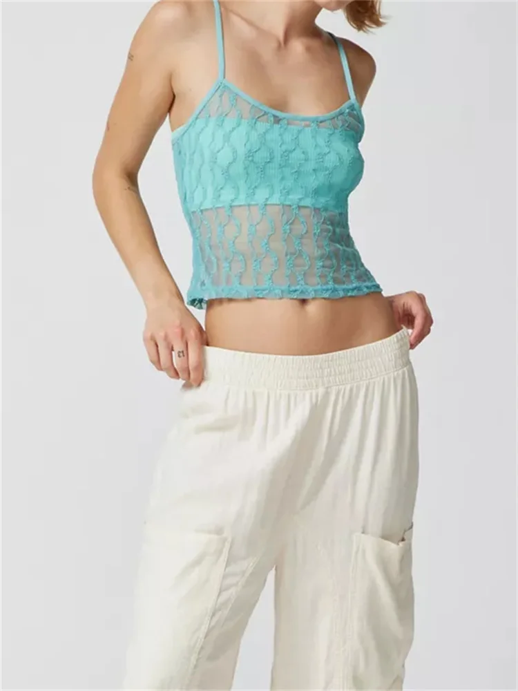 FashionSierra - 2025 Mesh Sheer Camis Slim Lace Embroidery See Through Square Neck Sleeveless Solid Short Vest for Summer  Crop Tops - Image 7