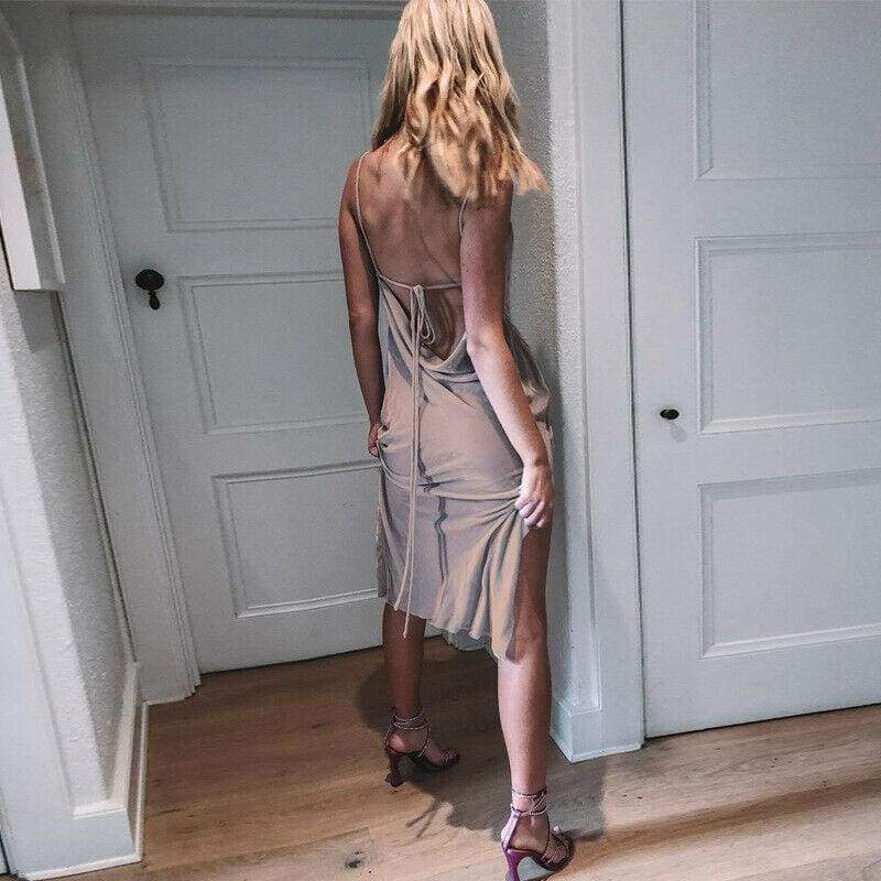 FashionSierra - New Elegant Women Sexy Solid Split Sleveless V Neck Glitter Dress Ladies Bandage Bodycon Evening Party Formal Dress - Image 6