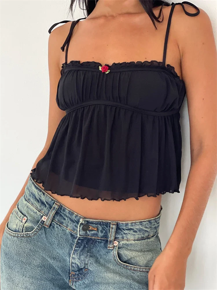 FashionSierra - 2025 Ruffles Patchwork Camis Sleeveless Tie-up Strap Tank Bow Ruched Summer Mini Vest Party Clubwear  Crop Tops - Image 3