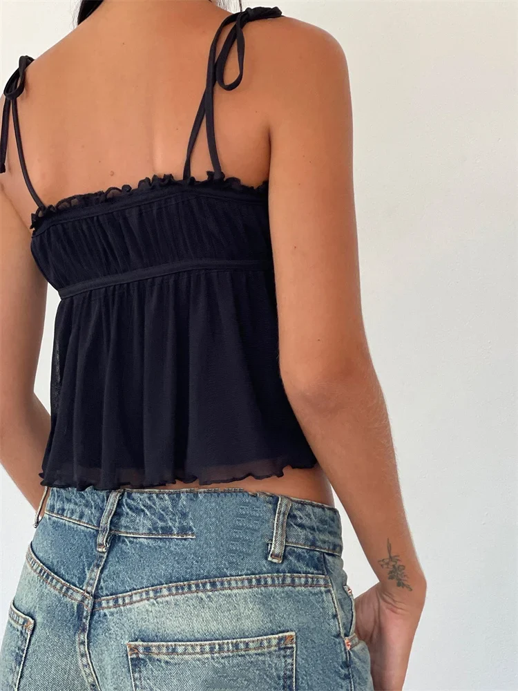 FashionSierra - 2025 Ruffles Patchwork Camis Sleeveless Tie-up Strap Tank Bow Ruched Summer Mini Vest Party Clubwear  Crop Tops - Image 4