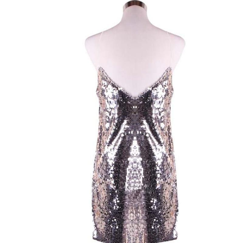FashionSierra - Sequin Mini Dress Women Spaghetti Strap Deep V-neck Dress Summer Sleeveless Party Dresses - Image 3