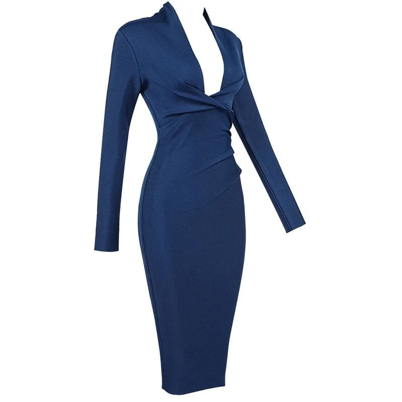 FashionSierra - Solid Color Dress Long Sleeve Large V-neck Bandage Dress - Image 4