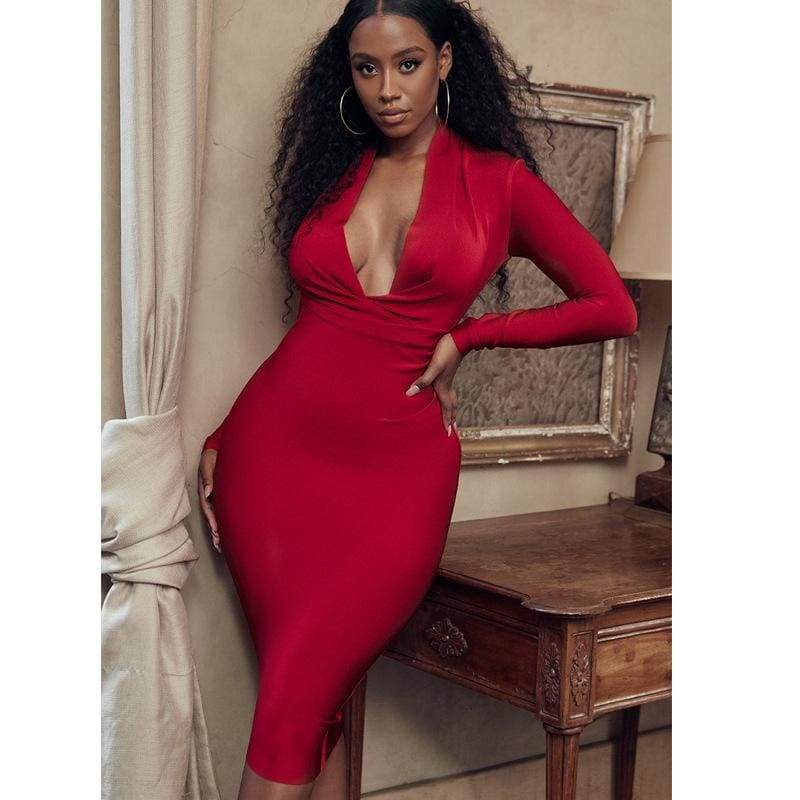 FashionSierra - Solid Color Dress Long Sleeve Large V-neck Bandage Dress - Image 9