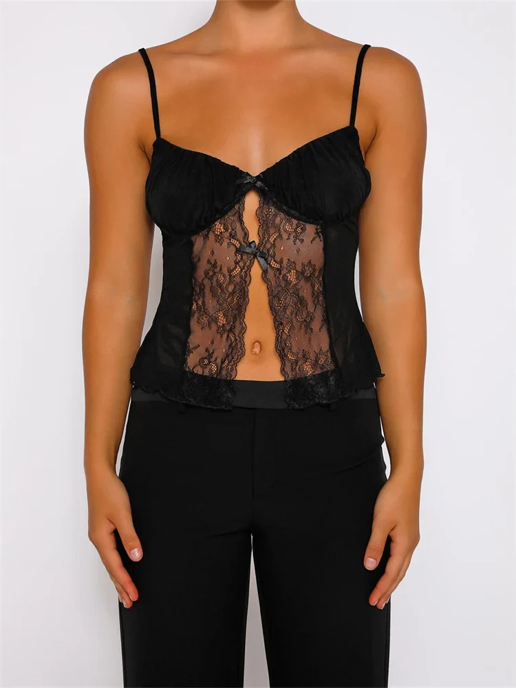 FashionSierra - 2025 Tank Top Spaghetti Strap Camisoles Sleeveless V-Neck Lace Patchwork Front Split Vest Summer Y2K Streetwear  Crop Tops - Image 3