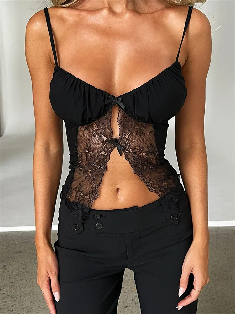FashionSierra - 2025 Tank Top Spaghetti Strap Camisoles Sleeveless V-Neck Lace Patchwork Front Split Vest Summer Y2K Streetwear  Crop Tops - Image 6