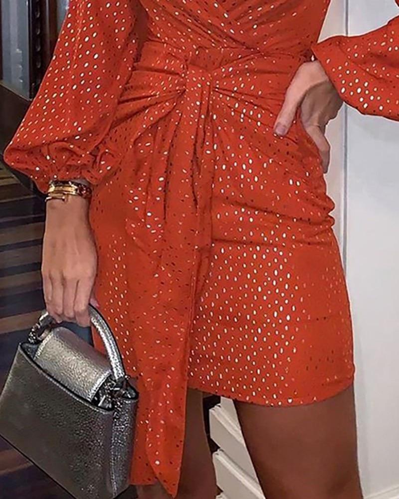 FashionSierra - V Neck Hot Stamping Lantern Sleeve Ruched Dress Women Long Sleeve Party Dress - Image 3