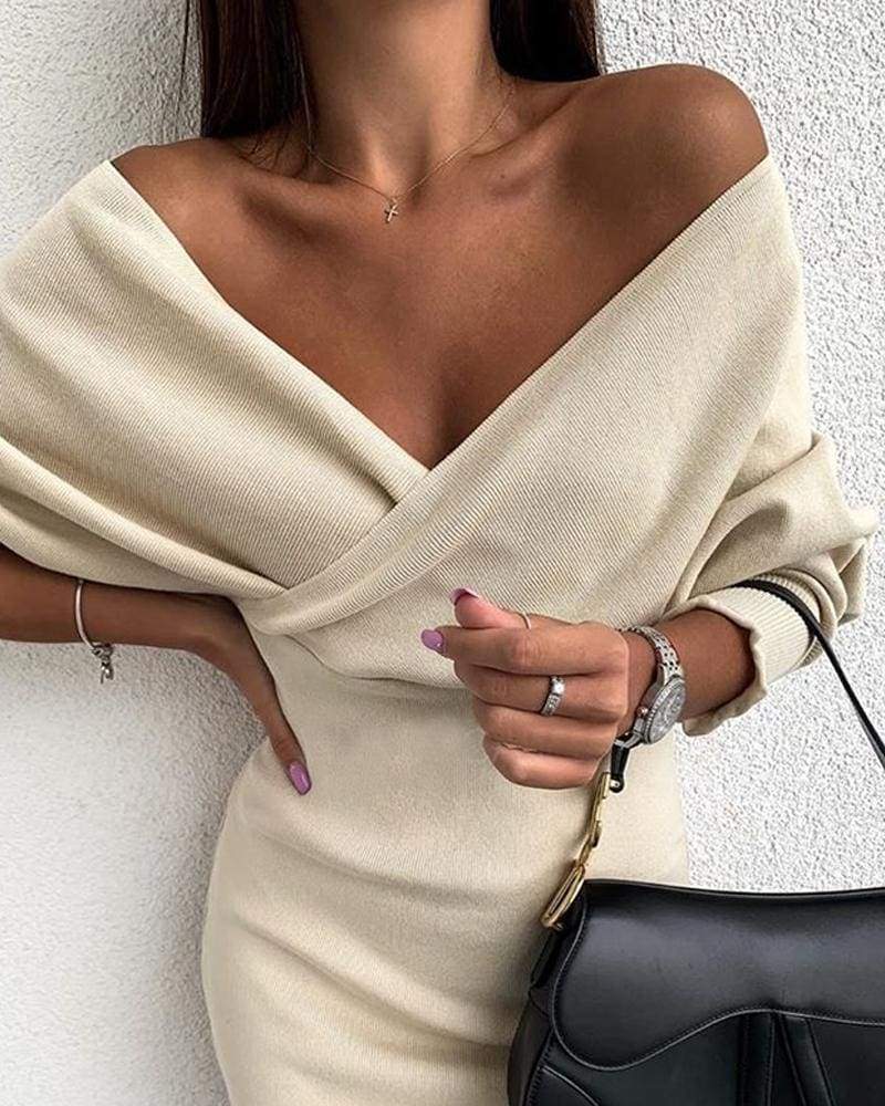 FashionSierra - Women Long Sleeve Winter Dress Solid Off Shoulder Tight Waist Dress - Image 4