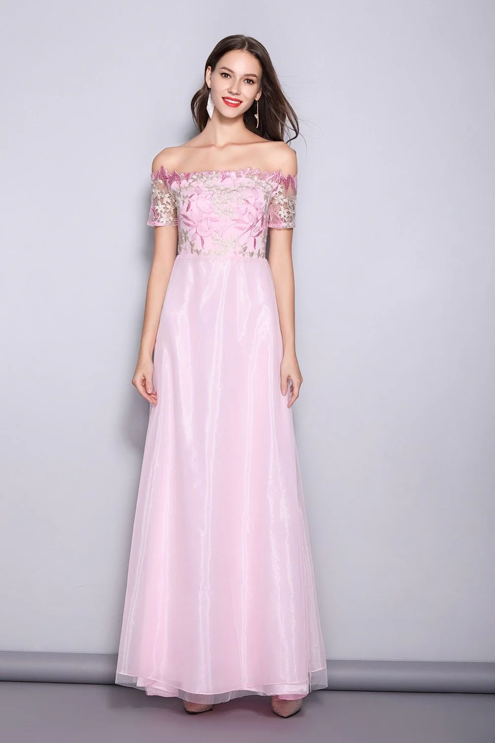 FashionSierra - Women's Runway Designer Dresses Sexy Slash Neck Line Embroidery Bodice Patchwork Fashion Prom Long Party Dresses - Image 3