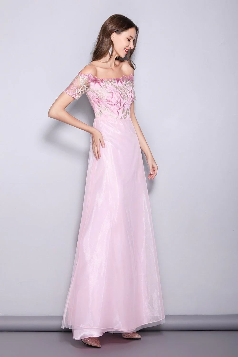 FashionSierra - Women's Runway Designer Dresses Sexy Slash Neck Line Embroidery Bodice Patchwork Fashion Prom Long Party Dresses - Image 5